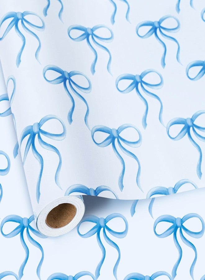 Whaline Blue Bow Wrapping Paper -Mini Roll- 17in x 38Ft Bow-knot Gift Wrap Paper for Wedding Bridal Baby Shower Birthday Party Wrapping Supplies - Image 1